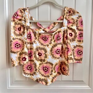 Free People Floral Crop Top Orange Pink Open Back Cotton Sz. Medium